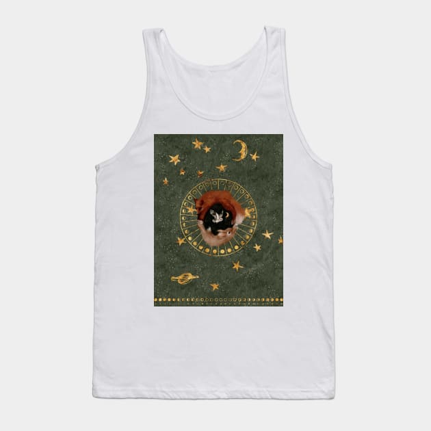 Circle of Life Watercolor : Gold Foils Stars in a Goblincore green sky with a Gemini constellation A rabbit and a fox circle around a barn owl Tank Top by penandbea